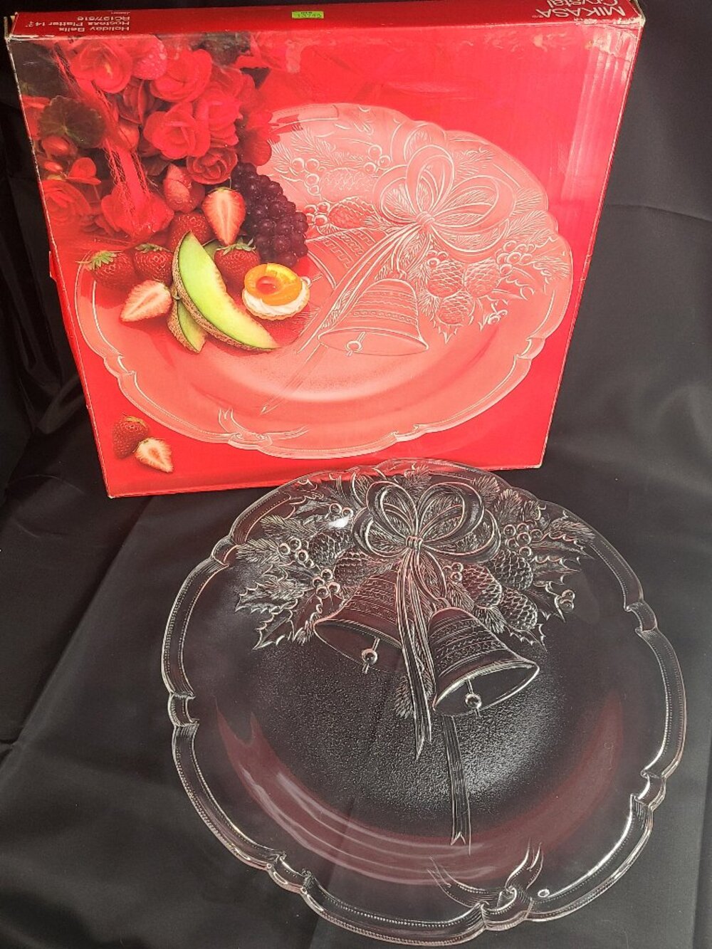 Mikasa Crystal Vintage Holiday Bells Clear Hostess Platter 14.75" Christmas